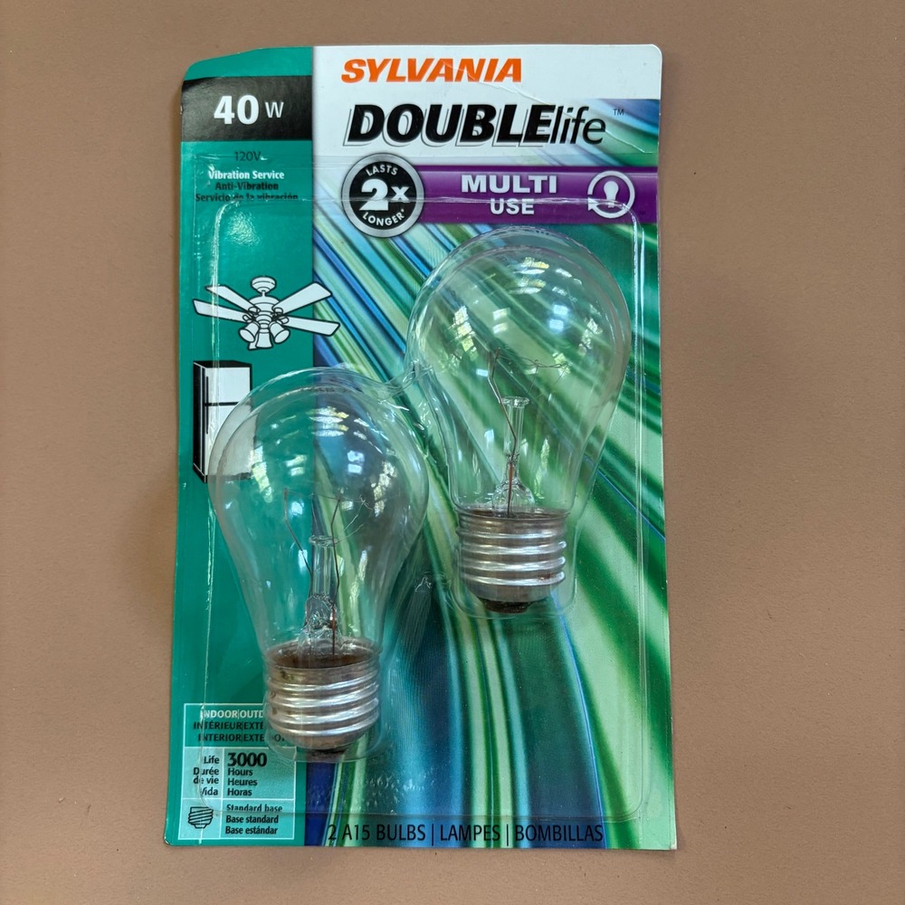 Sylvania Double Life 40W A15 Light Bulbs 2 Pack Vibration Service Clear 120V